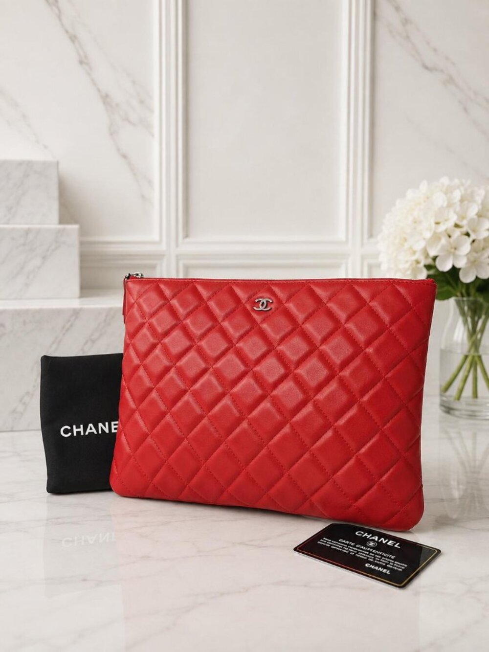Authentic Chanel Large O Case Red Quilted Leather Clutch - Picture 1 of 12
